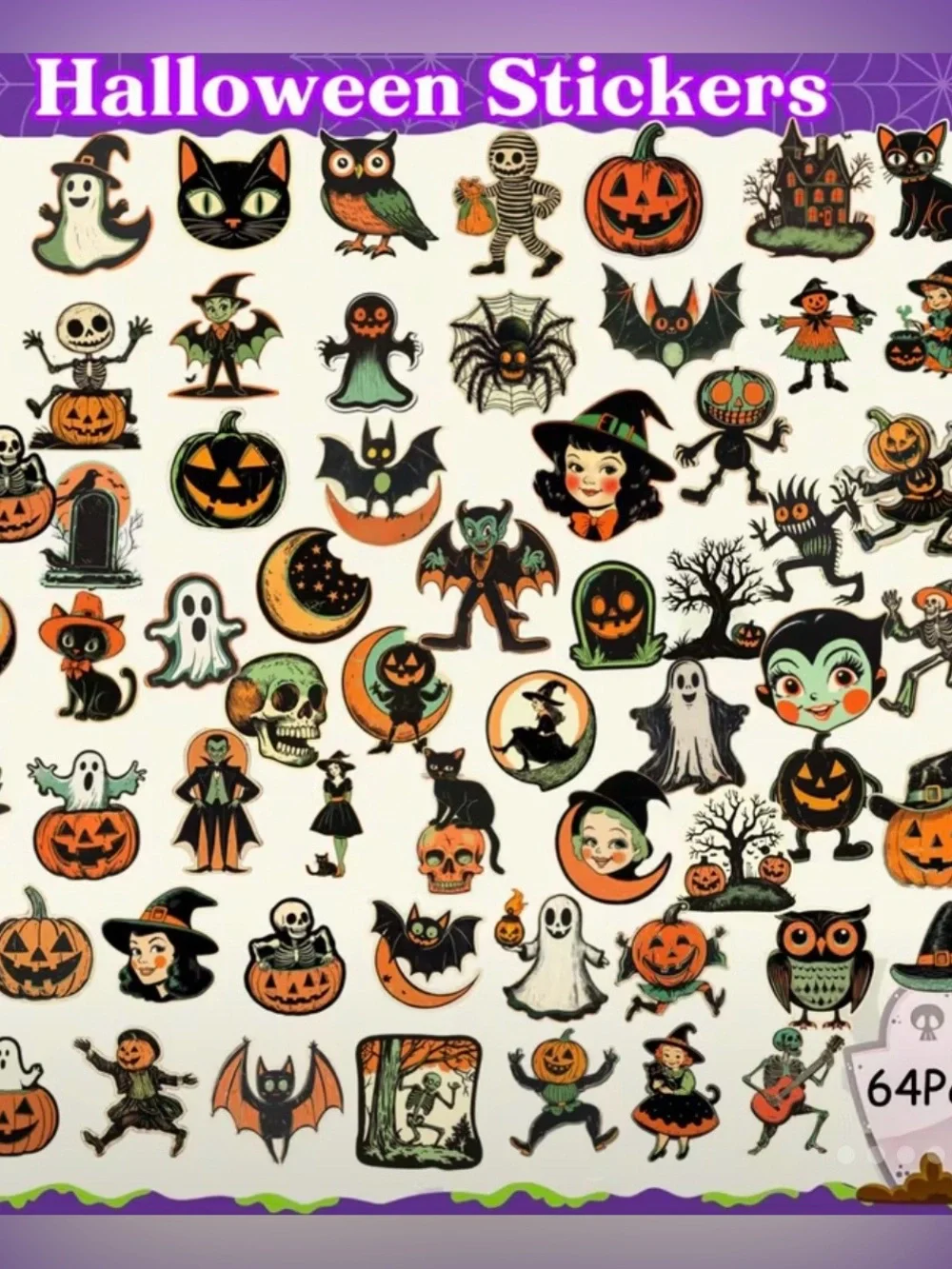 64 Vintage Halloween Stickers - Orange, Black & Green Kids Pumpkin Ghost Owl Cat